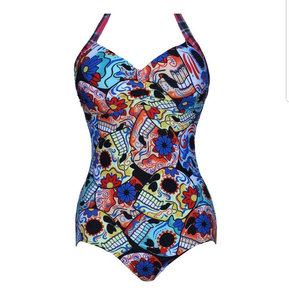 ROYBENS 50s Floral Skull One-piece Swimsuit Pin-up